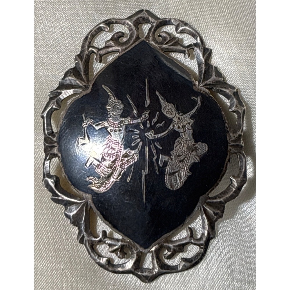Vtg Siam Sterling Silver Pin Brooch Intricate Dancers Filigree Design Black Enam